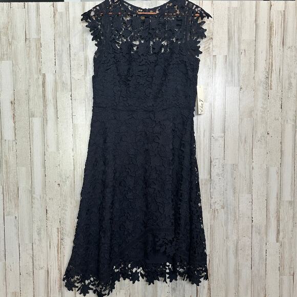 NWT Eliza J Lace Guipure Lace Asymmetrical Dress Size 12 Navy Short Sleeve $188 - Picture 3 of 12